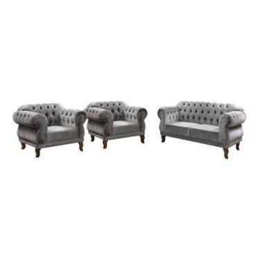 Imagem de Uma Namoradeira Duas Poltronas Chesterfield Elisabeth Suede Cinza SALA