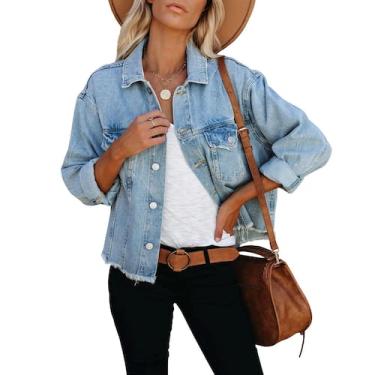 Imagem de Jaqueta jeans LONGBIDA feminina desgastada, lavada e cortada, azul