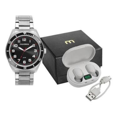 Imagem de Relógio Mondaine Masculino Prata Aço Preto + Fone De Ouvido Prateado Preto Preto-Masculino