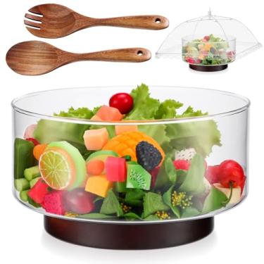Imagem de Lounsweer Conjunto de tigela de salada de vidro extragrande, tigela de salada de festa com base de madeira e utensílios de mesa de madeira de acácia, grade dobrável, recipiente de vidro soprado à mão