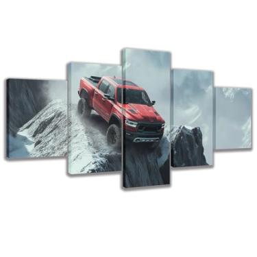 Imagem de 5 peças de caminhonete vermelha, montanha nevada off road impressão em tela, pintura de arte de carro para sala de estar concessionária de carros (Art-5, grande 152 x 76 cm sem moldura)