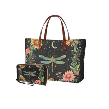 Imagem de Lotusorchid Conjunto de bolsa e carteira, bolsa grande e conjunto de carteira para mulheres, conjunto de bolsas leves, Flor de libélula preta, Large