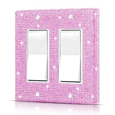 Imagem de Capa de interruptor de luz de parede ou capa de tomada, tamanho padrão 11,4 cm x 11,6 cm, placa de interruptor de luz dupla brilhante de strass rosa para tomada elétrica para acessórios de quarto