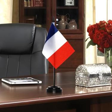 Imagem de Conjunto de bandeiras de mesa de luxo da França - Bandeira francesa em miniatura de 15 x 10 cm com mastro sólido de 30 cm - Cor vívida e resistente ao desbotamento - Base preta e topo de lança