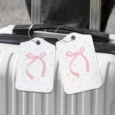 Imagem de Linda etiqueta de bagagem de coração com laço rosa para malas, etiqueta de bagagem de couro com fita rosa feminina com etiqueta de identificação de privacidade e laço de aço inoxidável para mala de