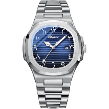 Imagem de Relógio masculino com movimento de quartzo, relógio masculino luminoso à prova d'água, pulseira de aço inoxidável, Prateado, azul, Simples