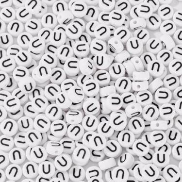Imagem de Spritewelry 500 peças de contas de letra acrílica contas brancas do alfabeto letra redonda plana em U com orifício horizontal para artesanato, pulseira, colar, chaveiro, cordão