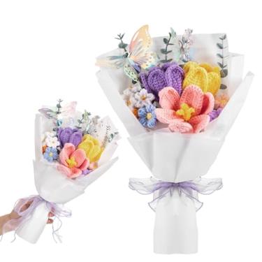 Imagem de Fanfanwin Vet Tech Week Presentes de crochê flores tulipas buquê de flores feitas à mão com cartão borboleta presentes de agradecimento de funcionários para técnico de farmácia assistente médico