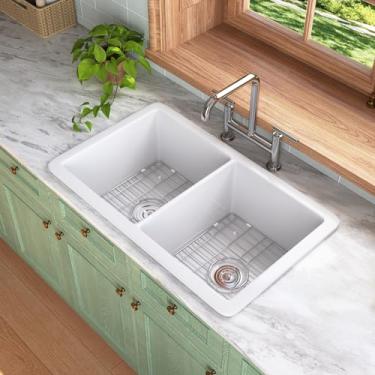 Imagem de Pia de fazenda de tigela dupla DeerValley, 81 cm, pias de cozinha refractárias, pia moderna branca com filtro de grade e cesta