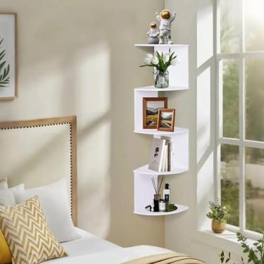 Imagem de LuiceABC Suporte de parede para prateleira de canto, prateleira flutuante de canto de 5 camadas para casa, quarto, escritório, banheiro, sala de estar decorativa (branca)
