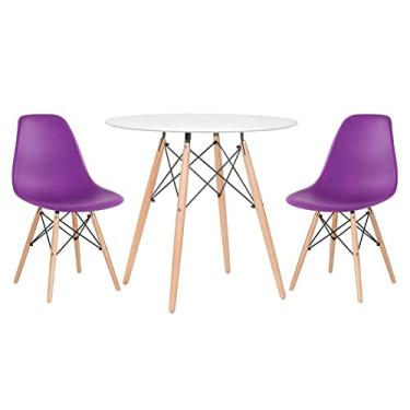 Imagem de Loft7, KIT - Mesa redonda Eames 80 cm branco + 2 cadeiras Eiffel DSW roxo