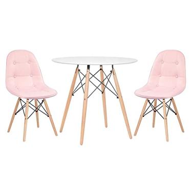 Imagem de Loft7, Kit Mesa Redonda Eames 80 cm Branco + 2 Cadeiras Eames Botonê, PU sintético, Aço e Madeira, Escritório, Sala de Estar e Sala de Jantar - Rosa Claro