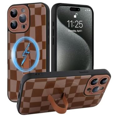 Imagem de SOKAD Capa quadriculada magnética para iPhone 15 Pro com suporte de alça de dedo, compatível com Magsafe, lindo tabuleiro de xadrez projetado para mulheres e homens, capa de proteção completa para