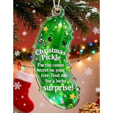Imagem de MAMAGIFTREE Enfeite de picles de Natal com cartão de história – Decoração divertida e fofa de Natal para um jogo divertido de tradição familiar, enfeites de árvore de Natal exclusivos, vidro