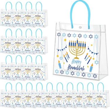 Imagem de Aliceset 24 sacos de presente de Hanukkah, sacola de PVC a granel com alças, sacolas reutilizáveis com design de estrela de Davi e menorá para suprimentos de decorações de festa de Hanukkah, 25 cm x