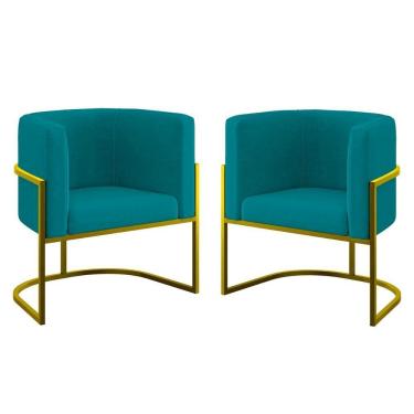 Imagem de Kit 02 Poltronas Lua Com Base De Metal Gold Sala Reforçada Azul Turquesa