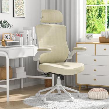 Imagem de CYKOV Cadeira de escritório ergonômica com encosto de cabeça ajustável e suporte lombar - Cadeira de mesa com encosto alto com braços dobráveis, cadeira executiva giratória 360 (bege moderno)
