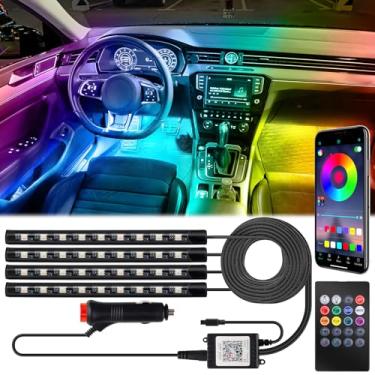 Imagem de Fita de LED para carro com adaptador de isqueiro: kit de iluminação ambiente para carro, aplicativo e controle remoto, luzes internas do carro, modo de sincronização de música, 4 peças de luzes para