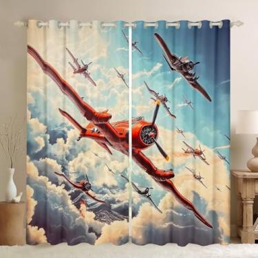 Imagem de Cortina de janela de aeronave vintage, cortinas de avião 3D em aquarela para decoração de quarto de crianças e adultos, cortina de tratamento de janela para crianças, meninos, adolescentes, aeronaves