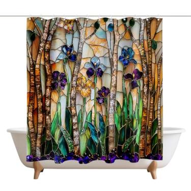 Imagem de XMWYTJ Cortinas de bétula de vidro manchado, decoração de porta de celeiro de chuveiro, tecido de poliéster, à prova d'água, conjunto de cortinas de banheiro com 12 ganchos, 180 x 189 cm