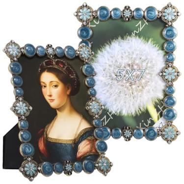 Imagem de LUMINFLY Moldura de metal azul antigo, moldura decorativa vintage de 12 x 18 cm, exibição horizontal e vertical, painel frontal transparente e traseira de veludo, decoração de mesa para casa