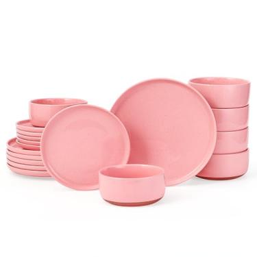 Imagem de GZG Conjunto de pratos e tigelas, 18 peças modernas de cerâmica para 4, conjunto de pratos de cozinha e jantar, conjunto de louça de grés, seguro para micro-ondas e lava-louças (rosa, conjunto de 18