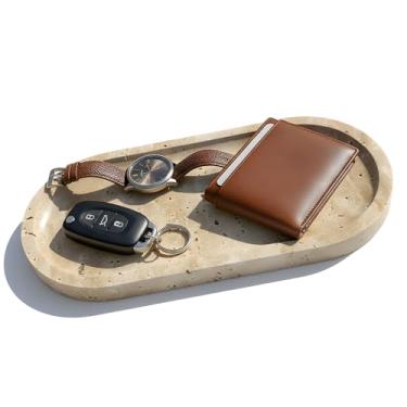 Imagem de DACHUN Bandeja de mármore natural para bancada de banheiro, com pés antiderrapantes, bandeja decorativa de pedra de mármore para banheiro/cozinha/penteadeira/cômoda/mesa de cabeceira (travertino bege