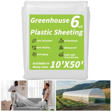 Imagem de UZLU Folha de plástico de estufa 6 mil, 35 x 13 m, película de polietileno resistente a UV transparente, resistente a rasgos, capa de argola verde para jardinagem, agricultura, berçário, galinheiro,