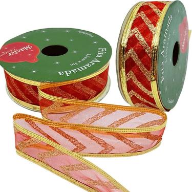 Imagem de Rolos Fitas Aramada Enfeite Natal Gliter 2,5cm 3m Kit 10pçs