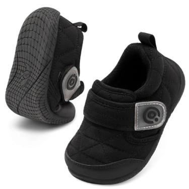 Imagem de QFH Tênis infantil para meninos e meninas, leve, descalço, largo, resistente à água, gancho e laço, flexível, casual, Preto, 8.5-9 Toddler