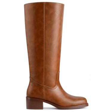 Imagem de Gothictor Botas femininas de cano alto banana bico quadrado salto grosso confortável salto baixo puxar na panturrilha larga botas longas para mulheres, Sela banana, 38 BR