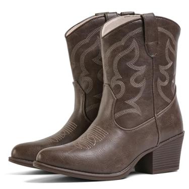 Imagem de IXU Botas de caubói femininas largas de camurça no tornozelo Western Cowgirl, cano médio, bico fino, botas curtas clássicas, Caqui, 38