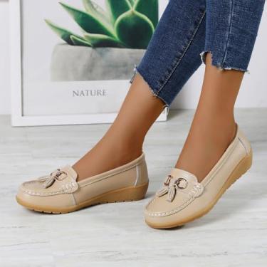Imagem de Mocassins femininos casuais para negócios, confortáveis e leves, mocassins sem cadarço, com borla, trabalho, escritório, confortável, sapatilhas, caminhada, Bege, 38