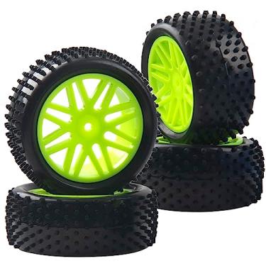 Imagem de HIRCQOO 16 raios OD 86 mm/3,38 polegadas, 16 raios, 12 mm, cubo sextavado, rodas e pneus de borracha compatíveis com Redcat Tornado HPI HSP Kyosho Losi escala 1/10 carrinho off-road (verde)