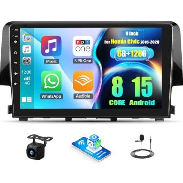 Imagem de Rádio estéreo automotivo 8 núcleos 6G + 128G Android para Honda Civic 2016 2017 2018 2019 2020 com tela sensível ao toque de 9 polegadas, visão panorâmica de 360°, sem fio, CarPlay, Android, câmera de
