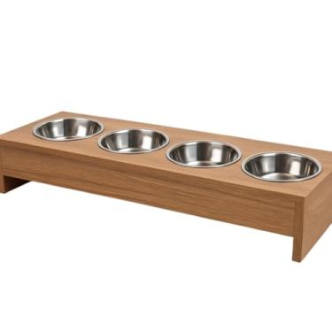 Imagem de Comedouro e Bebedouro Elevado para Cachorros e Gatos – MDF com 4 Tigelas de Inox, Pronto para Uso, Luxo e Sofisticação(Amadeirado)