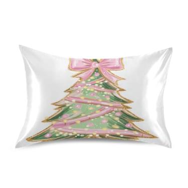 Imagem de ATTX Fronha de almofada de árvore de Natal com laço rosa com fecho de envelope para cabelo e pele, macia, respirável, suave, ambos os lados, capa de almofada de seda refrescante (Queen 50 cm × 76 cm
