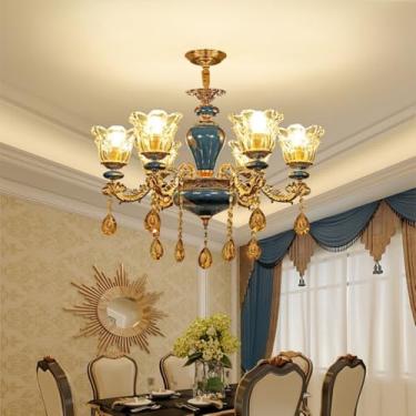 Imagem de Luminária pendente de cristal de luxo em estilo europeu - ideal para sala de estar, hall de entrada, sala de jantar e quarto | Detalhes em cerâmica (6 lâmpadas, 65 cm)