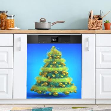 Imagem de ATTX Capa de ímã de lava-louças amarela para árvore de Natal, 58,4 cm C x 66 cm A, decoração da capa da máquina de lavar louça, decalques de armário doméstico e eletrodomésticos adesivos #363