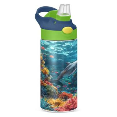 Imagem de Blueangle Garrafa de água de recifes de coral colorida de aço inoxidável isolada de 350 ml com tampa de canudo - Garrafa esportiva reutilizável à prova de vazamento para viagens, ao ar livre #79