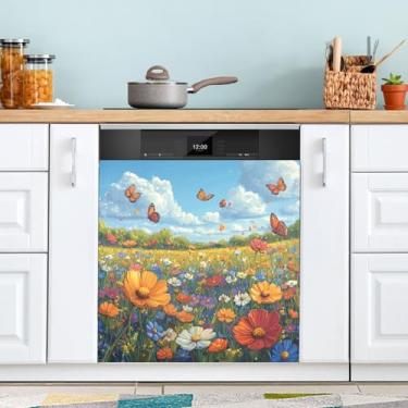 Imagem de ATTX Capa de ímã de lava-louças colorido flores silvestres prado, 58,4 cm C x 66 cm A decoração da capa da máquina de lavar louça, decalques de armário doméstico eletrodomésticos adesivos #146