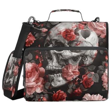 Imagem de SEHANY Fichário com zíper de caveira e flor com alça de ombro, capacidade para 500 folhas, vários bolsos, fichário com 3 anéis e zíper de 3 anéis