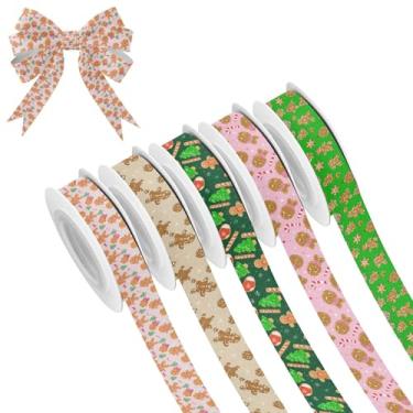 Imagem de SEHANY 5 rolos de fita de Natal 0,59 polegadas 5 jardas fitas de tecido de gengibre de Natal fitas de cetim festivas fitas decorativas de Natal para embrulho de presente faça você mesmo artesanato