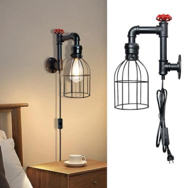 Imagem de GZZBMY E27 Lâmpadas de parede internas com interruptor e plugue Arandela Vintage Industrial Metal Gaiola Iluminação de parede para quarto Escada Sala de estar (sem lâmpada) (Preto, 1 Peça)