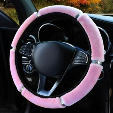 Imagem de Knonip Capa de volante respirável antiderrapante, capa de design de strass fofo de 38 cm, capa de alça de carro confortável e moderna para o inverno (rosa)