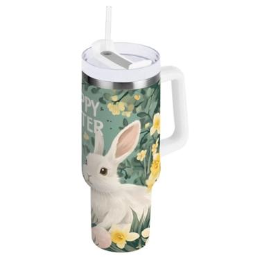 Imagem de STAYTOP Copo de ovos de Páscoa e coelhos fofos de 1,134 g com tampa e palha, copo isolado de aço inoxidável durável à prova de vazamento com alça, garrafas de água à prova de derramamento para viagens