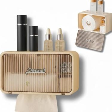 Imagem de Organizador de Banheiro com Porta Papel Higiênico, Creme, Plástico PET e PP, 15,5x12,5x28cm, Instalação por Adesivo, com Compartimento Lateral