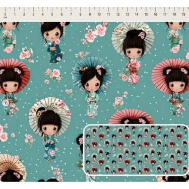 Imagem de Tecido Tricoline digital Coleção Cute Kokeshi Japonesas com guarda chuva 50 x 150 cm