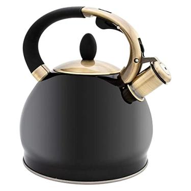 Imagem de YYBOES Chaleira de assobio, fogão, assobio, 3L, aço inoxidável, assobio, chaleira resistente, cabo de bronze galvanizado ergonômico para fogão, chaleira de acampamento