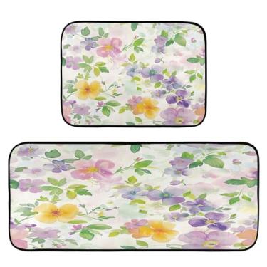Imagem de Wassud Tapetes de cozinha florais verdes aquarela para piso decoração de casa tapetes de cozinha acolchoados antifadiga tapetes de cozinha antiderrapante lavável essencial de cozinha conjunto de 2